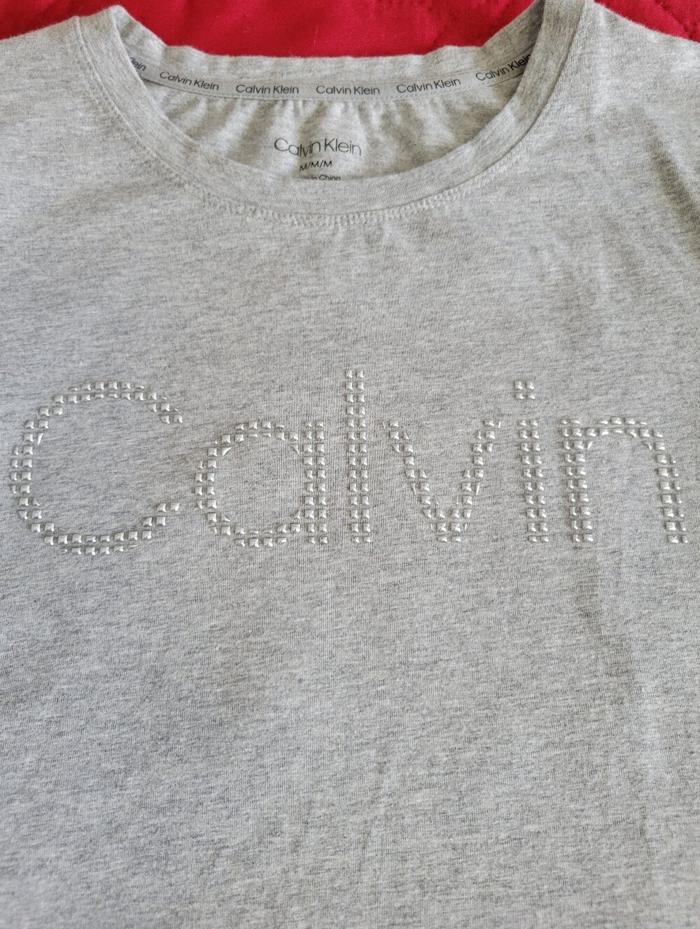 Calvin Klein Gray Short Sleeve Tee with Silver Stud Logo - Womens - Size M